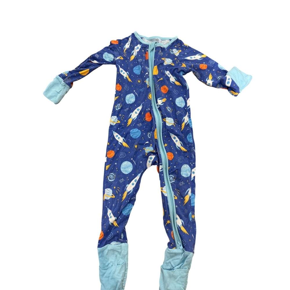 SUZEL Footed Pajamas Baby Boys‎ 9-12 Months Blue Space Rocket Bamboo Zip